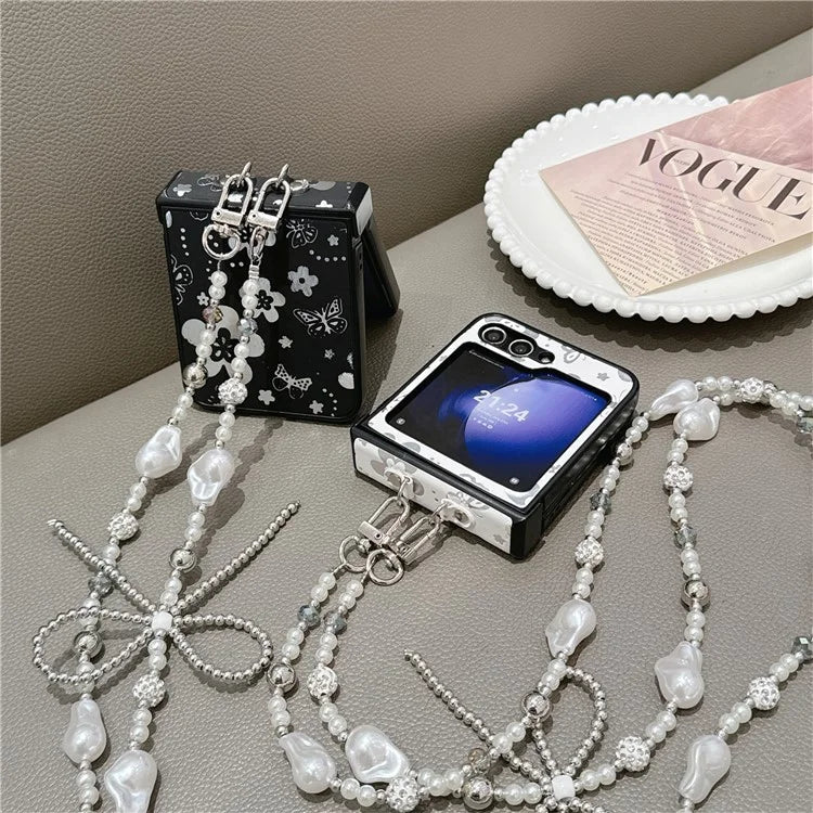 For Samsung Galaxy Z Flip6 5G Case Butterfly Pattern Leather+PC Phone Cover with Crossbody Beaded Strap
