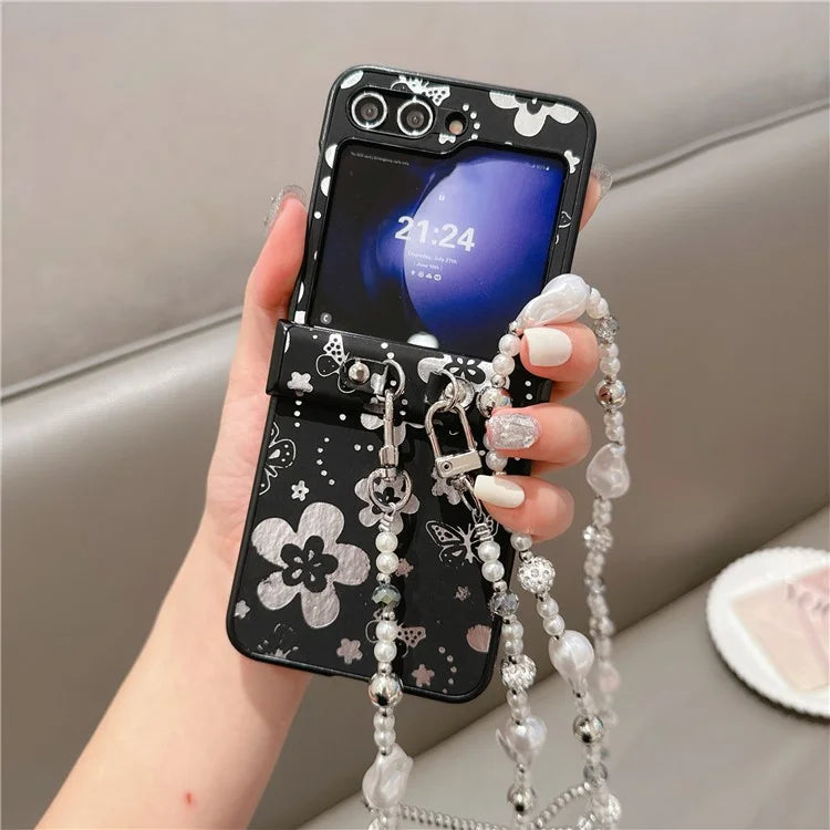 For Samsung Galaxy Z Flip6 5G Case Butterfly Pattern Leather+PC Phone Cover with Crossbody Beaded Strap