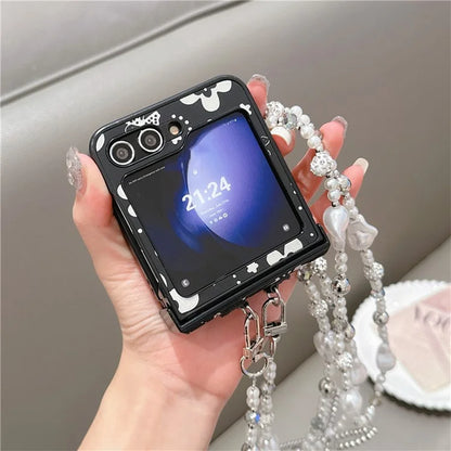 For Samsung Galaxy Z Flip6 5G Case Butterfly Pattern Leather+PC Phone Cover with Crossbody Beaded Strap