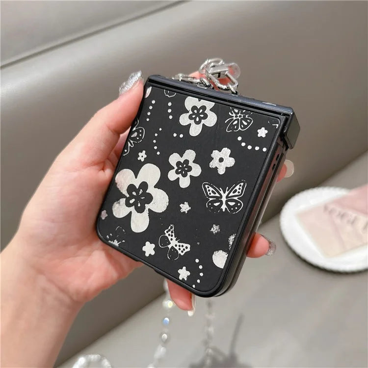 For Samsung Galaxy Z Flip6 5G Case Butterfly Pattern Leather+PC Phone Cover with Crossbody Beaded Strap