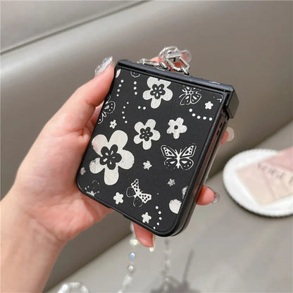 For Samsung Galaxy Z Flip6 5G Case Butterfly Pattern Leather+PC Phone Cover with Crossbody Beaded Strap