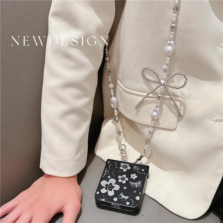 For Samsung Galaxy Z Flip6 5G Case Butterfly Pattern Leather+PC Phone Cover with Crossbody Beaded Strap