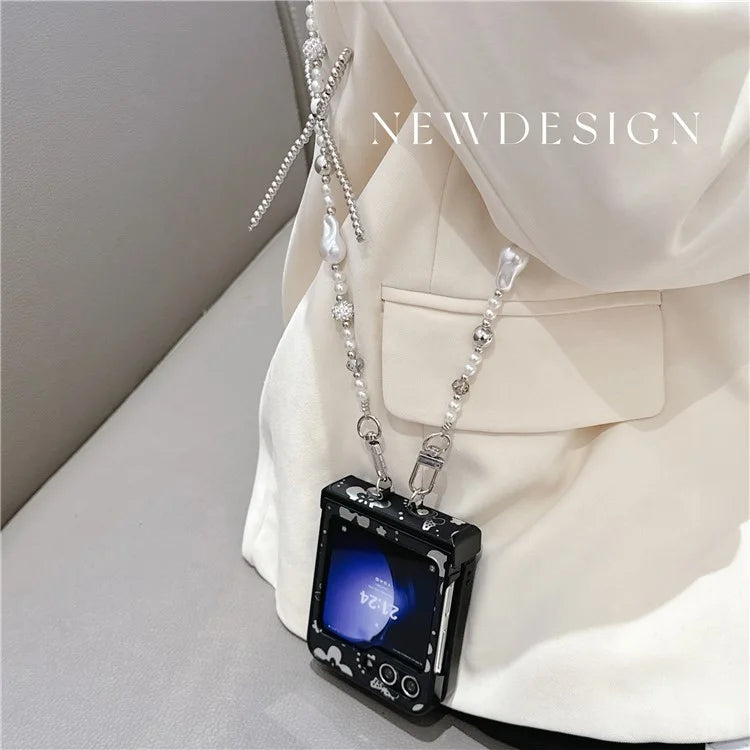 For Samsung Galaxy Z Flip6 5G Case Butterfly Pattern Leather+PC Phone Cover with Crossbody Beaded Strap
