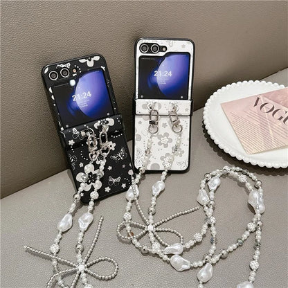 For Samsung Galaxy Z Flip6 5G Case Butterfly Pattern Leather+PC Phone Cover with Crossbody Beaded Strap