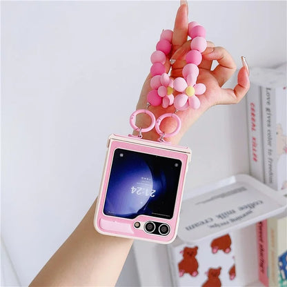 For Samsung Galaxy Z Flip6 5G Case Skin-Touch Leather+PC Phone Cover with Beaded Wrist Strap