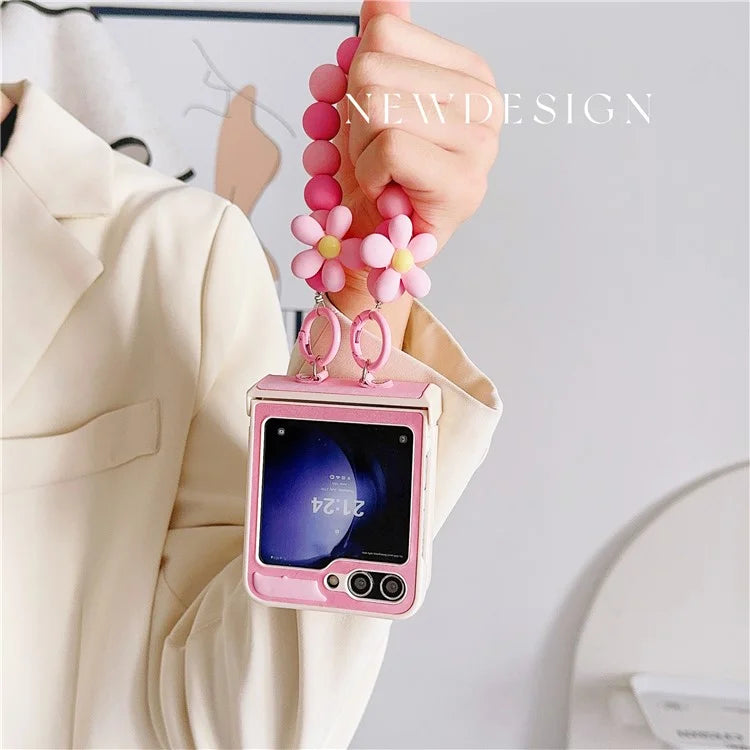 For Samsung Galaxy Z Flip6 5G Case Skin-Touch Leather+PC Phone Cover with Beaded Wrist Strap