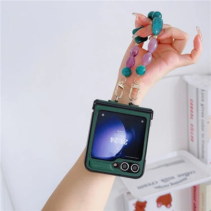 For Samsung Galaxy Z Flip6 5G Case Skin-Touch Leather+PC Phone Cover with Beaded Wrist Strap
