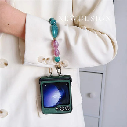 For Samsung Galaxy Z Flip6 5G Case Skin-Touch Leather+PC Phone Cover with Beaded Wrist Strap