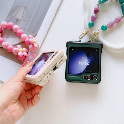 For Samsung Galaxy Z Flip6 5G Case Skin-Touch Leather+PC Phone Cover with Beaded Wrist Strap