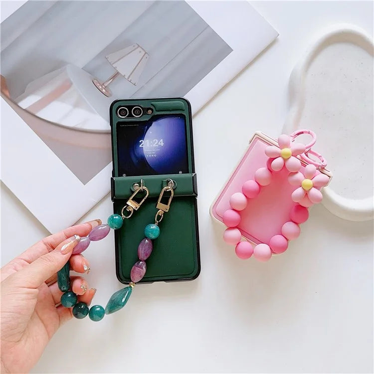 For Samsung Galaxy Z Flip6 5G Case Skin-Touch Leather+PC Phone Cover with Beaded Wrist Strap