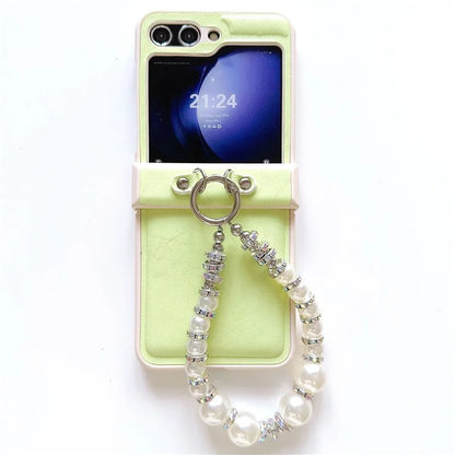 For Samsung Galaxy Z Flip6 5G Case Crazy Horse Leather+PC Phone Cover with Wrist Pearl Strap