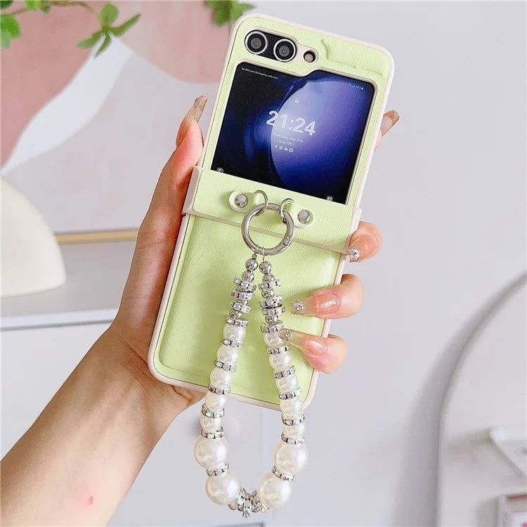 For Samsung Galaxy Z Flip6 5G Case Crazy Horse Leather+PC Phone Cover with Wrist Pearl Strap