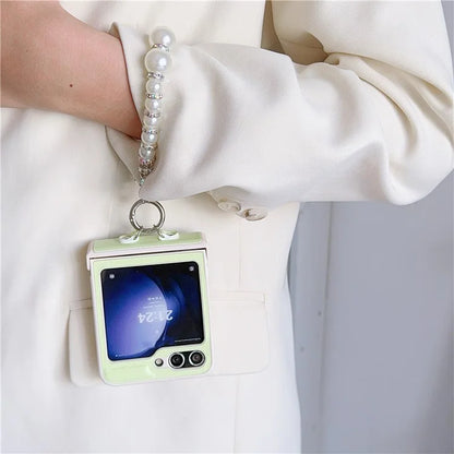 For Samsung Galaxy Z Flip6 5G Case Crazy Horse Leather+PC Phone Cover with Wrist Pearl Strap