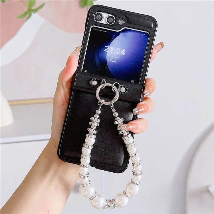 For Samsung Galaxy Z Flip6 5G Case Crazy Horse Leather+PC Phone Cover with Wrist Pearl Strap