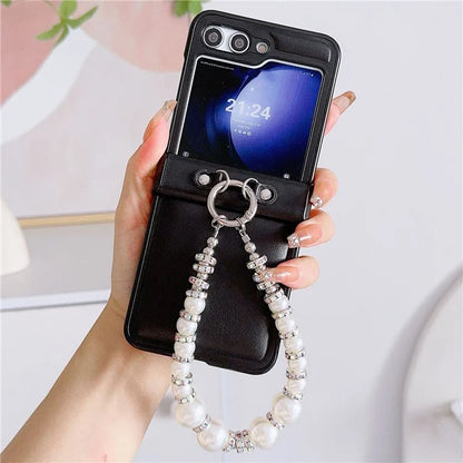 For Samsung Galaxy Z Flip6 5G Case Crazy Horse Leather+PC Phone Cover with Wrist Pearl Strap