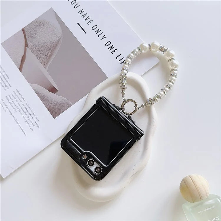 For Samsung Galaxy Z Flip6 5G Case Crazy Horse Leather+PC Phone Cover with Wrist Pearl Strap