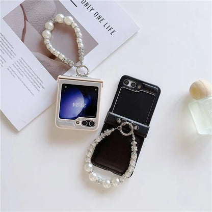 For Samsung Galaxy Z Flip6 5G Case Crazy Horse Leather+PC Phone Cover with Wrist Pearl Strap