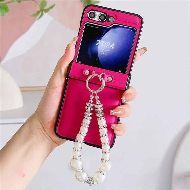 For Samsung Galaxy Z Flip6 5G Case Crazy Horse Leather+PC Phone Cover with Wrist Pearl Strap