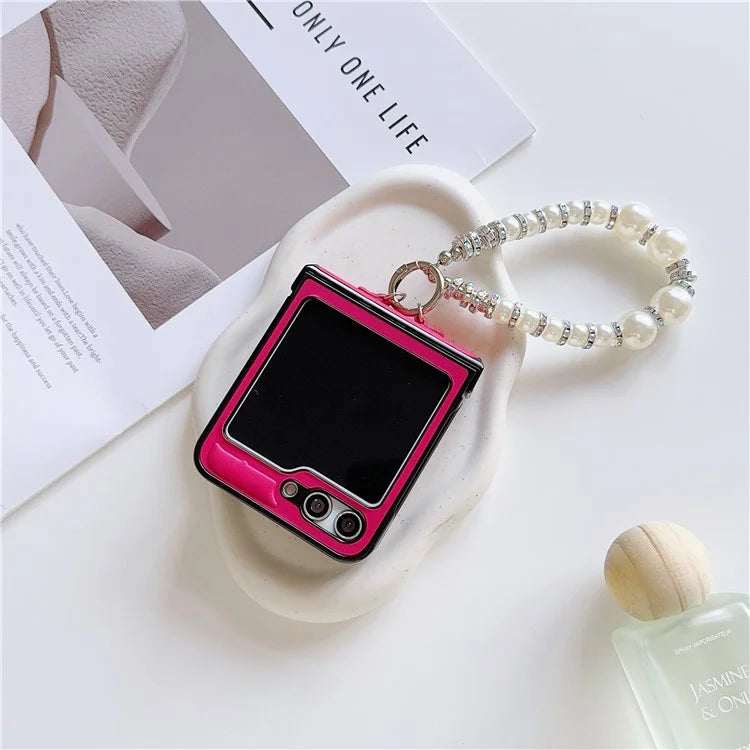For Samsung Galaxy Z Flip6 5G Case Crazy Horse Leather+PC Phone Cover with Wrist Pearl Strap