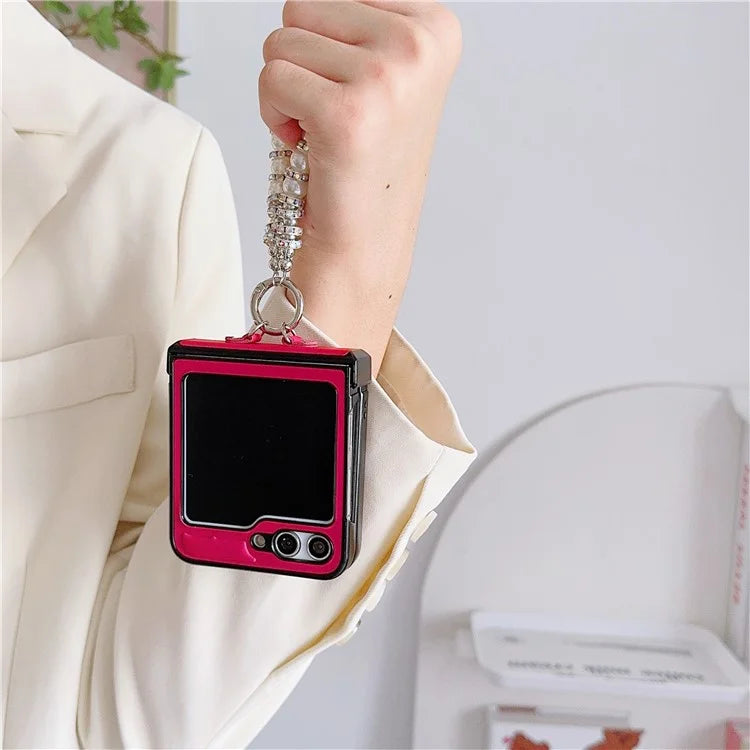 For Samsung Galaxy Z Flip6 5G Case Crazy Horse Leather+PC Phone Cover with Wrist Pearl Strap