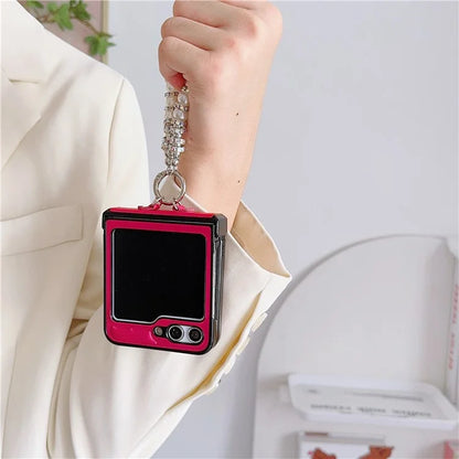 For Samsung Galaxy Z Flip6 5G Case Crazy Horse Leather+PC Phone Cover with Wrist Pearl Strap