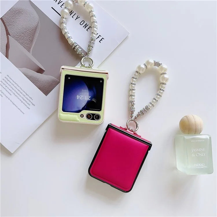 For Samsung Galaxy Z Flip6 5G Case Crazy Horse Leather+PC Phone Cover with Wrist Pearl Strap