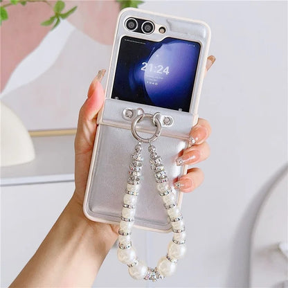 For Samsung Galaxy Z Flip6 5G Case Crazy Horse Leather+PC Phone Cover with Wrist Pearl Strap