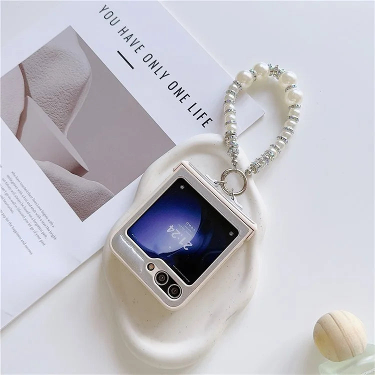 For Samsung Galaxy Z Flip6 5G Case Crazy Horse Leather+PC Phone Cover with Wrist Pearl Strap