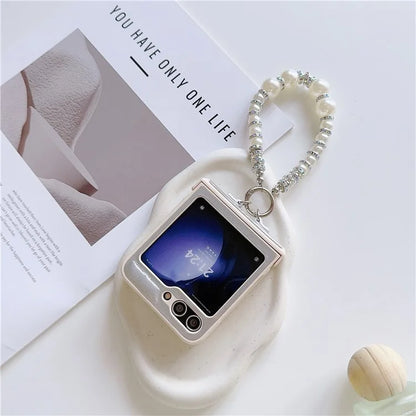For Samsung Galaxy Z Flip6 5G Case Crazy Horse Leather+PC Phone Cover with Wrist Pearl Strap
