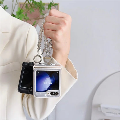 For Samsung Galaxy Z Flip6 5G Case Crazy Horse Leather+PC Phone Cover with Wrist Pearl Strap