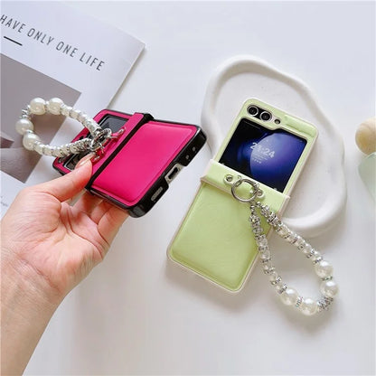 For Samsung Galaxy Z Flip6 5G Case Crazy Horse Leather+PC Phone Cover with Wrist Pearl Strap