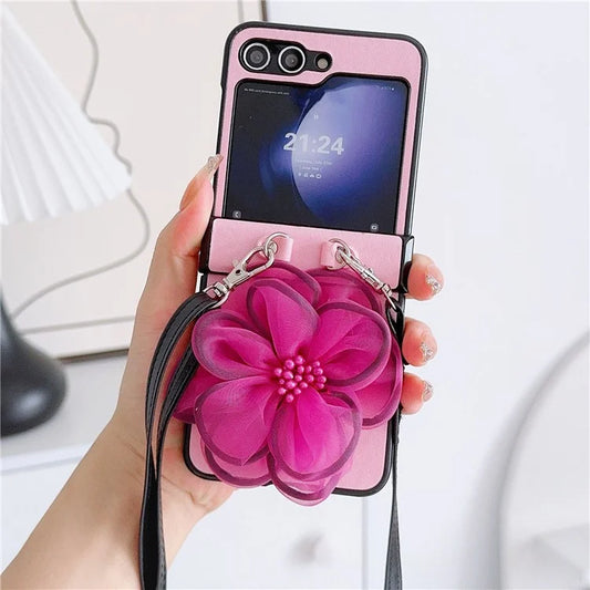 For Samsung Galaxy Z Flip6 5G Case Organza Flower Leather+PC Phone Cover with Crossbody Lanyard