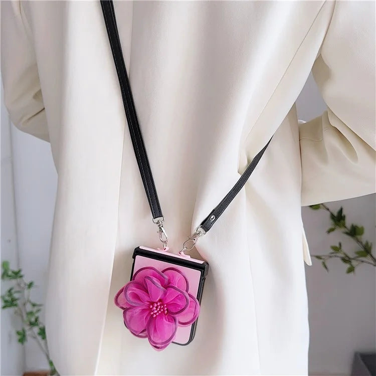 For Samsung Galaxy Z Flip6 5G Case Organza Flower Leather+PC Phone Cover with Crossbody Lanyard