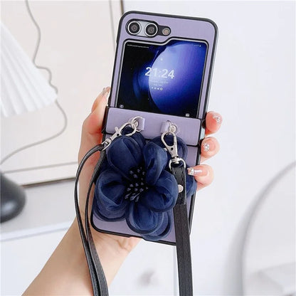 For Samsung Galaxy Z Flip6 5G Case Organza Flower Leather+PC Phone Cover with Crossbody Lanyard