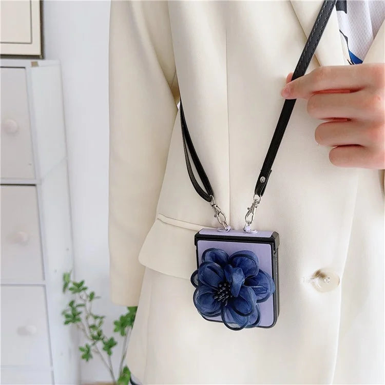 For Samsung Galaxy Z Flip6 5G Case Organza Flower Leather+PC Phone Cover with Crossbody Lanyard