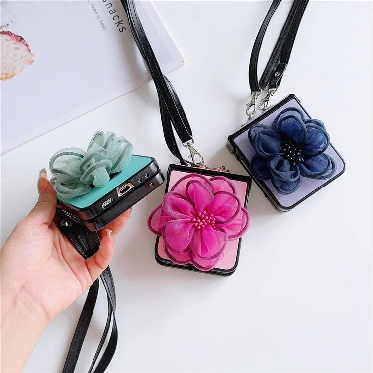 For Samsung Galaxy Z Flip6 5G Case Organza Flower Leather+PC Phone Cover with Crossbody Lanyard