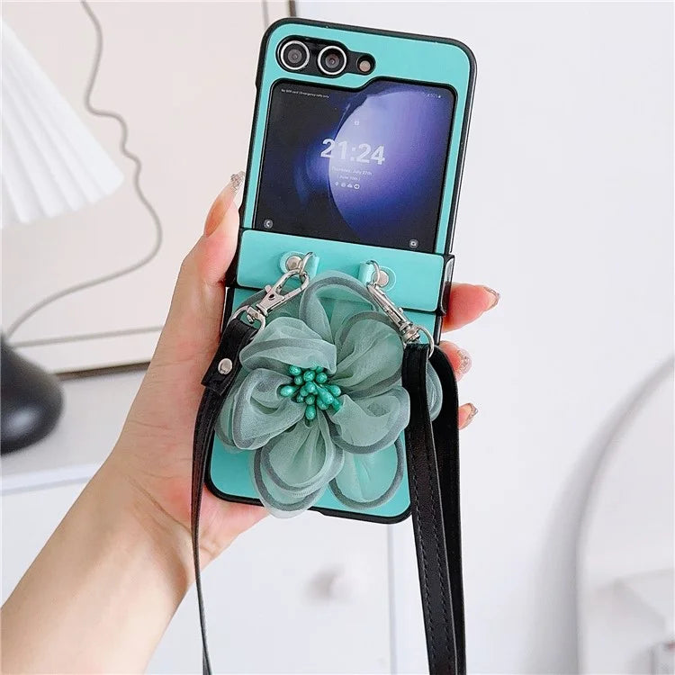 For Samsung Galaxy Z Flip6 5G Case Organza Flower Leather+PC Phone Cover with Crossbody Lanyard