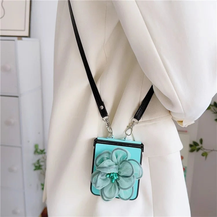 For Samsung Galaxy Z Flip6 5G Case Organza Flower Leather+PC Phone Cover with Crossbody Lanyard