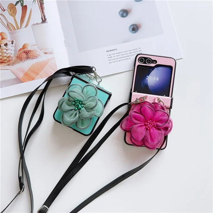 For Samsung Galaxy Z Flip6 5G Case Organza Flower Leather+PC Phone Cover with Crossbody Lanyard