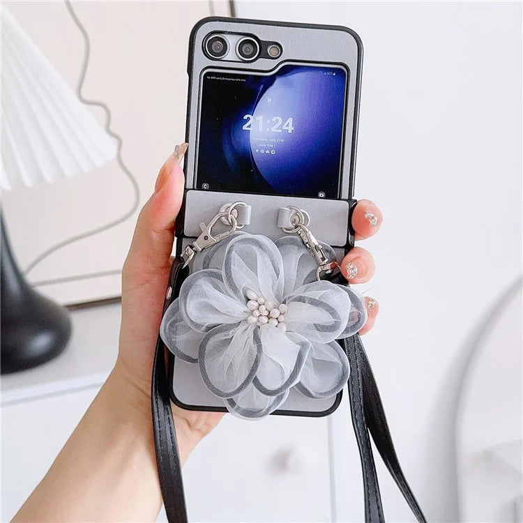 For Samsung Galaxy Z Flip6 5G Case Organza Flower Leather+PC Phone Cover with Crossbody Lanyard