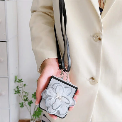For Samsung Galaxy Z Flip6 5G Case Organza Flower Leather+PC Phone Cover with Crossbody Lanyard