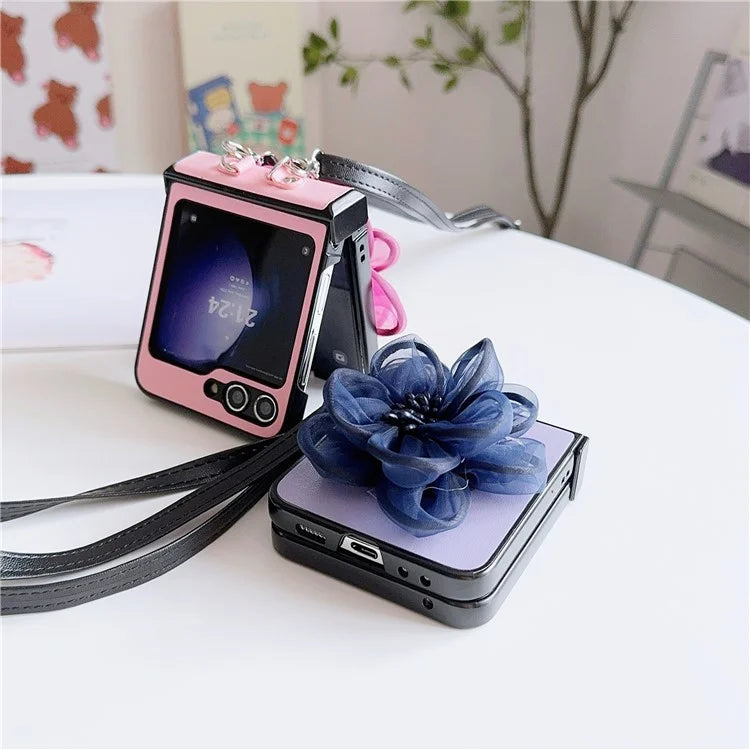 For Samsung Galaxy Z Flip6 5G Case Organza Flower Leather+PC Phone Cover with Crossbody Lanyard