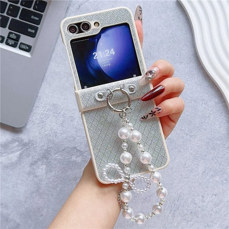 For Samsung Galaxy Z Flip6 5G Case Glitter Lattice Leather+PC Phone Cover with Beaded Wrist Strap