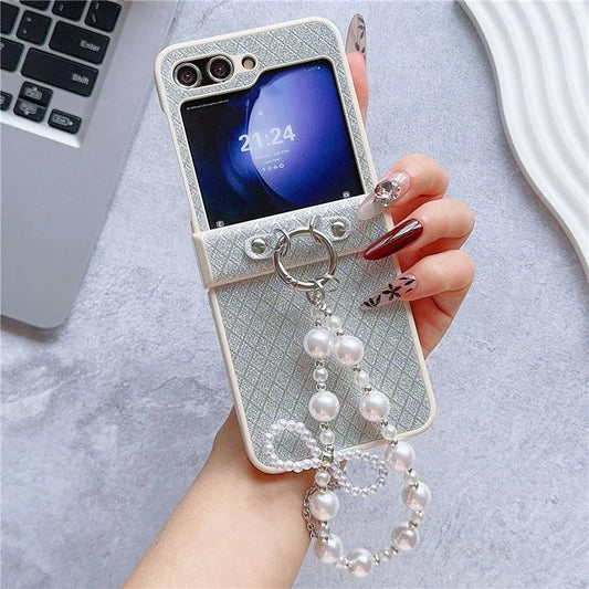 For Samsung Galaxy Z Flip6 5G Case Glitter Lattice Leather+PC Phone Cover with Beaded Wrist Strap