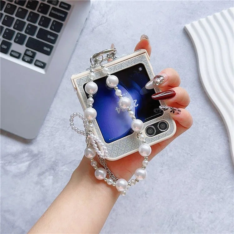 For Samsung Galaxy Z Flip6 5G Case Glitter Lattice Leather+PC Phone Cover with Beaded Wrist Strap