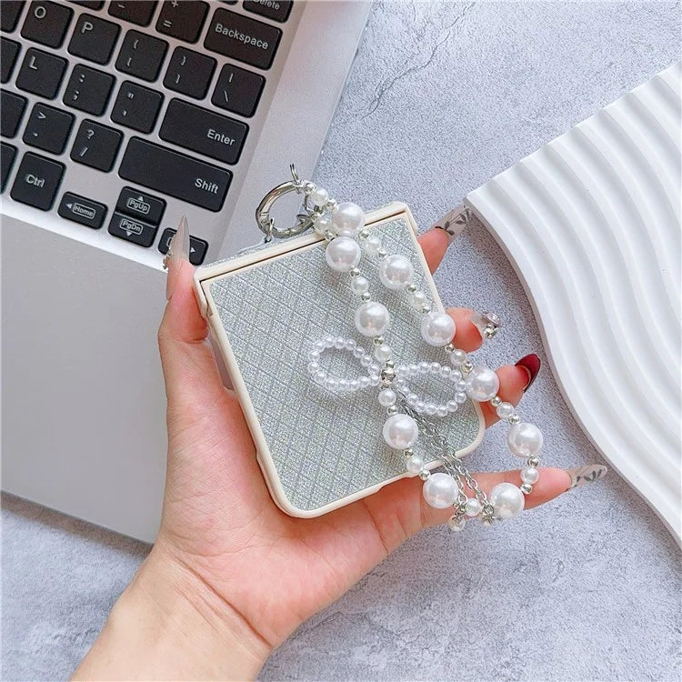 For Samsung Galaxy Z Flip6 5G Case Glitter Lattice Leather+PC Phone Cover with Beaded Wrist Strap