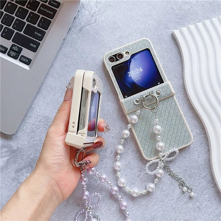 For Samsung Galaxy Z Flip6 5G Case Glitter Lattice Leather+PC Phone Cover with Beaded Wrist Strap