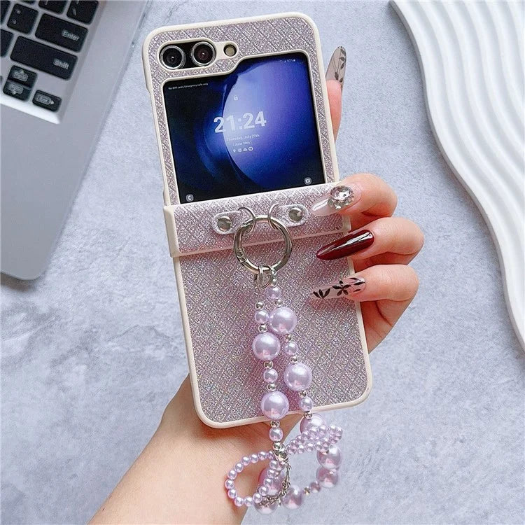 For Samsung Galaxy Z Flip6 5G Case Glitter Lattice Leather+PC Phone Cover with Beaded Wrist Strap
