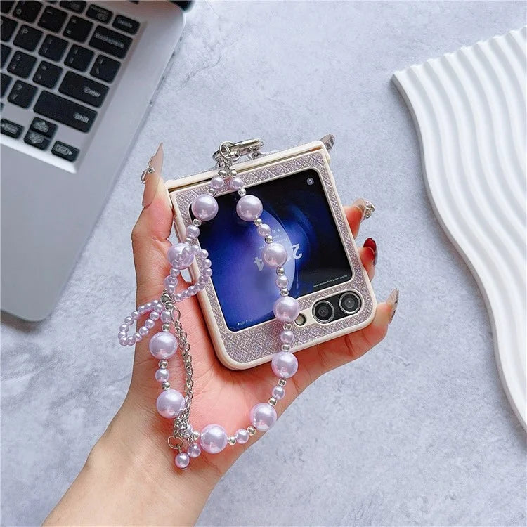 For Samsung Galaxy Z Flip6 5G Case Glitter Lattice Leather+PC Phone Cover with Beaded Wrist Strap