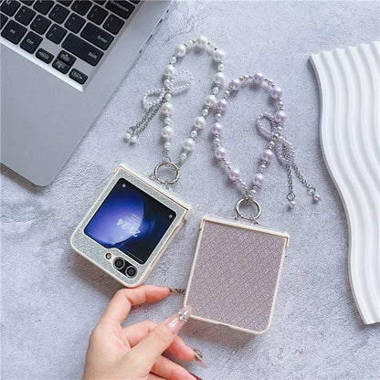 For Samsung Galaxy Z Flip6 5G Case Glitter Lattice Leather+PC Phone Cover with Beaded Wrist Strap